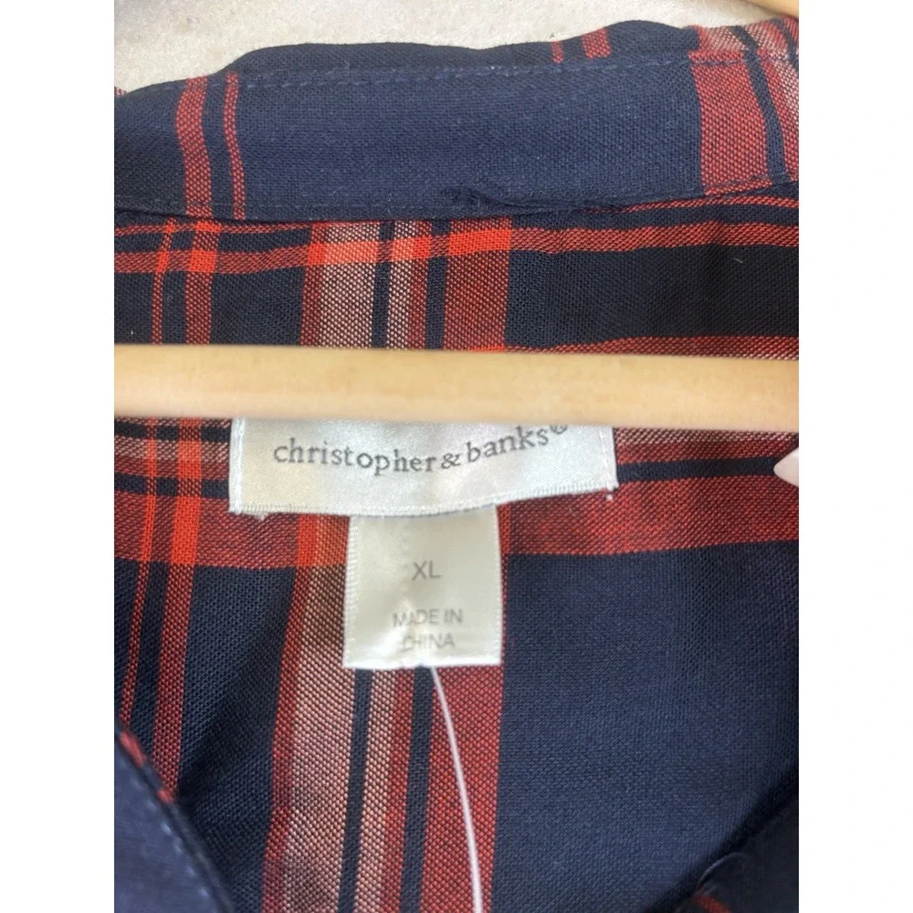 Christopher & Banks Women's Plaid Embroidered L/SL Shirt Size XL Navy/Red NWT